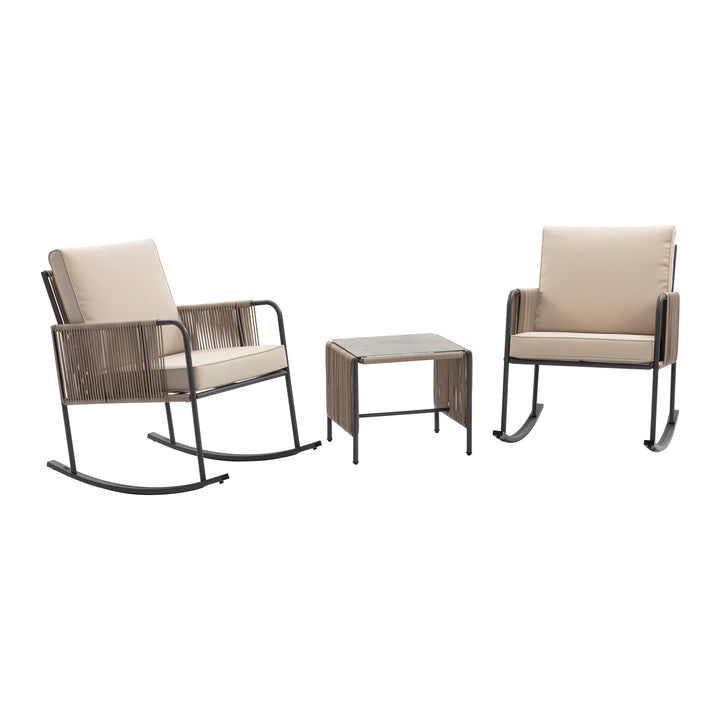 Steel Frame Rocking Chair Conversation Set with Rope Accent Outdoor Furniture