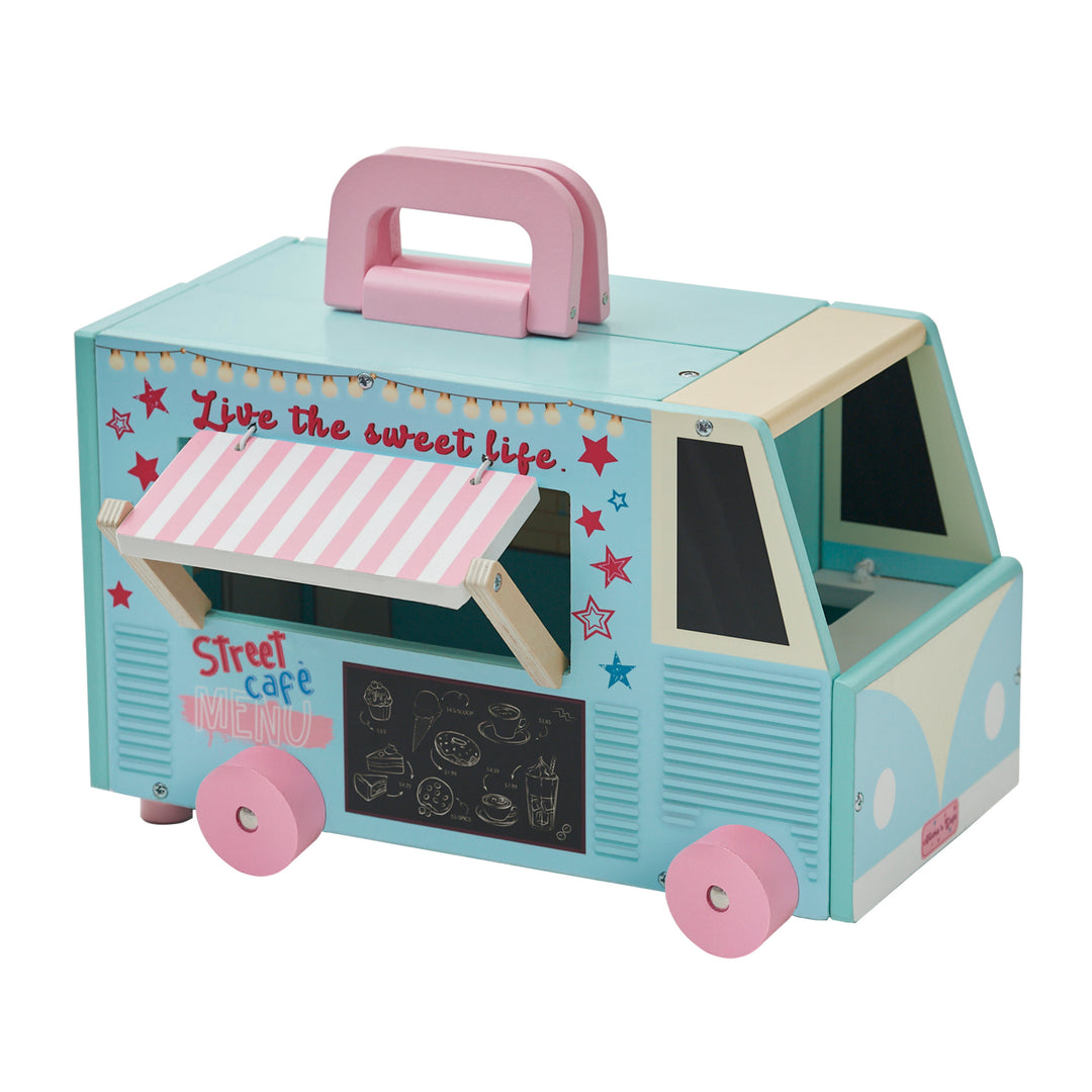 A blue and pink food truck for dolls with a pink and white awning with a pink wheels and a pink handle on the top.