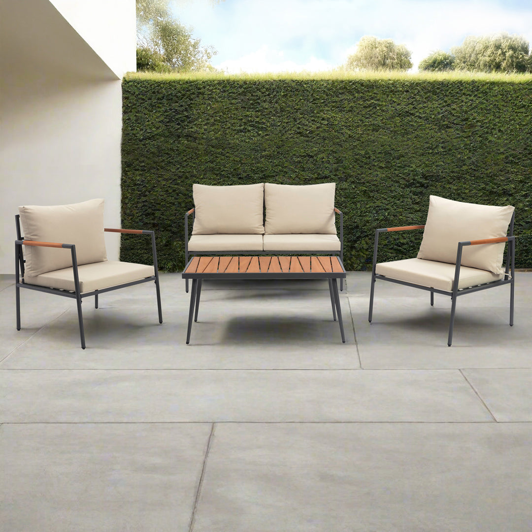 Cushioned Backrest & Wood Armrests Conversation Set Outdoor Patio Furniture