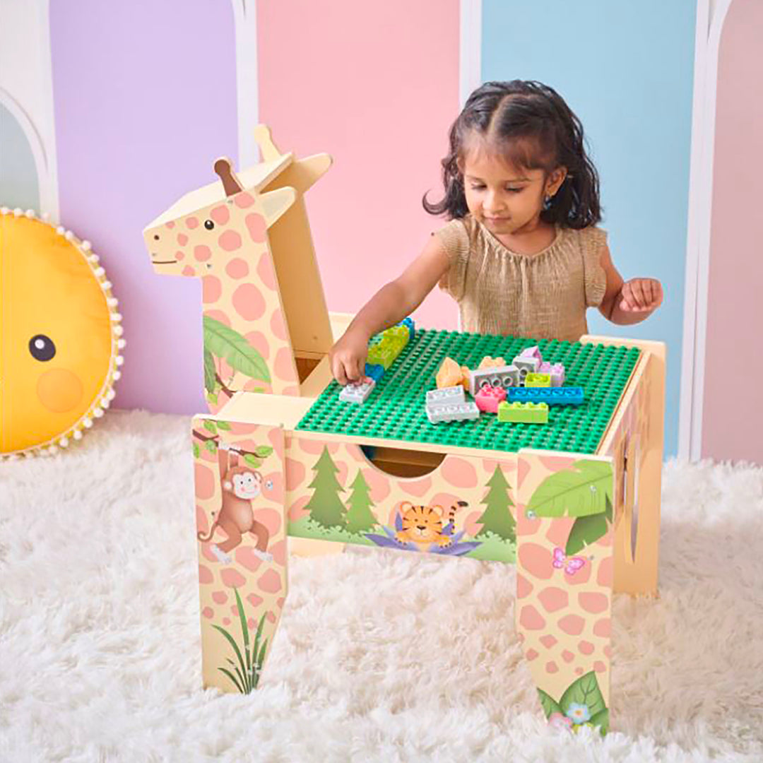 Teamson Kids Jungle Giraffe 2-in-1 Wooden Activity Table + 23Pc & 1 Car Included