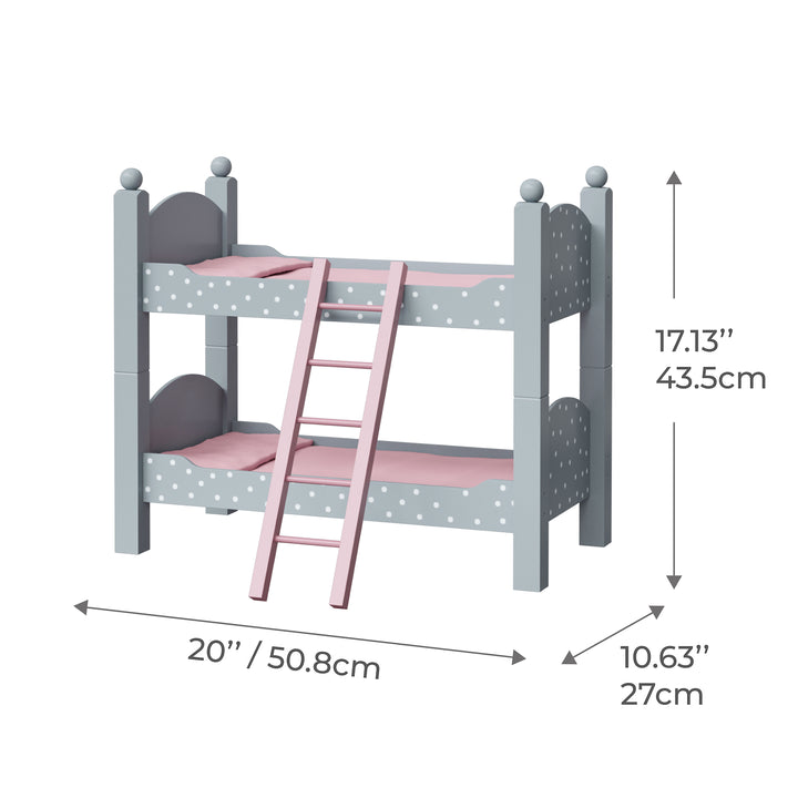 stacked bunk beds with dimensions in inches and cm