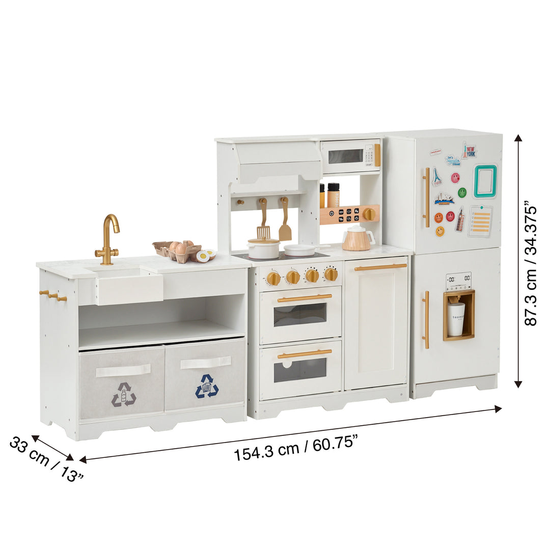 A TEAMSON KIDS - LITTLE CHEF ATLANTA LARGE MODULAR PLAY KITCHEN, WHITE/GOLD with dimensions labeled, featuring a stove, sink, and refrigerator.