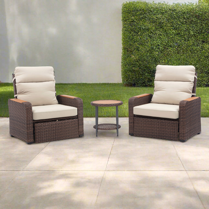 Wicker Frame & Wood Armrests Recliner Set in Warm Brown Outdoor Seating