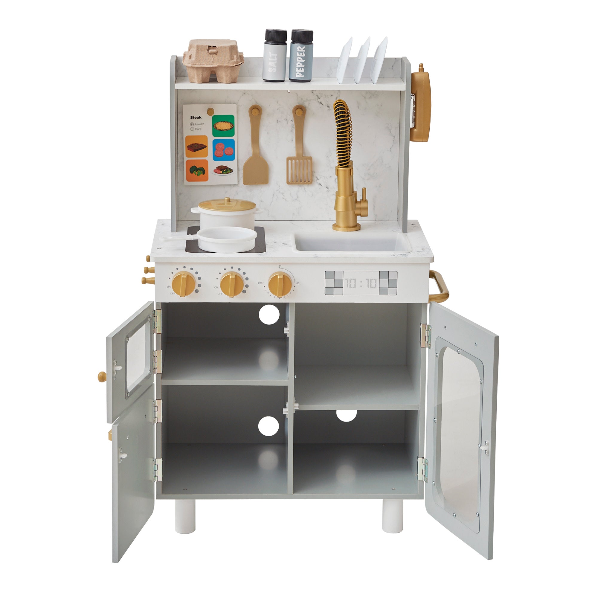  Teamson Kids Little Chef Memphis Small Wooden Play Kitchen with  Interactive, Realistic Features, and 16 Kitchen Accessories - for 3yrs and  up, Pretend Play House, Restaurant - Gray/Gold/Faux Marble : Toys