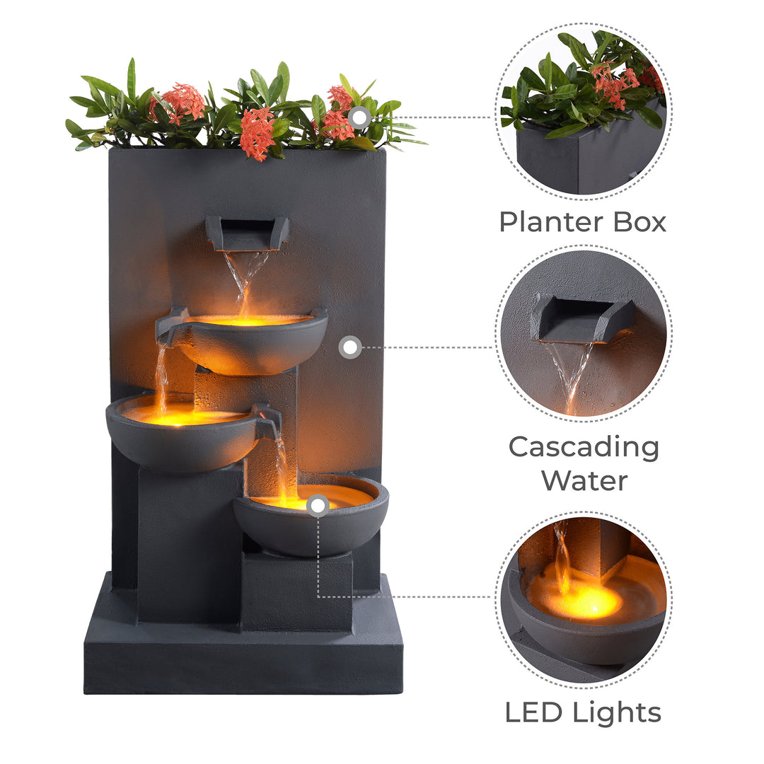 Callouts of the features of the water fountain: the planter box, the cascading water tier to tier, and the LED lights in the bowls