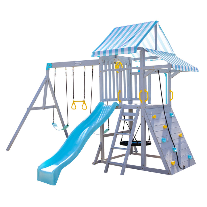 Teamson Kids Laguna Swing Set Playset with Platform & Rock Wall, Gray