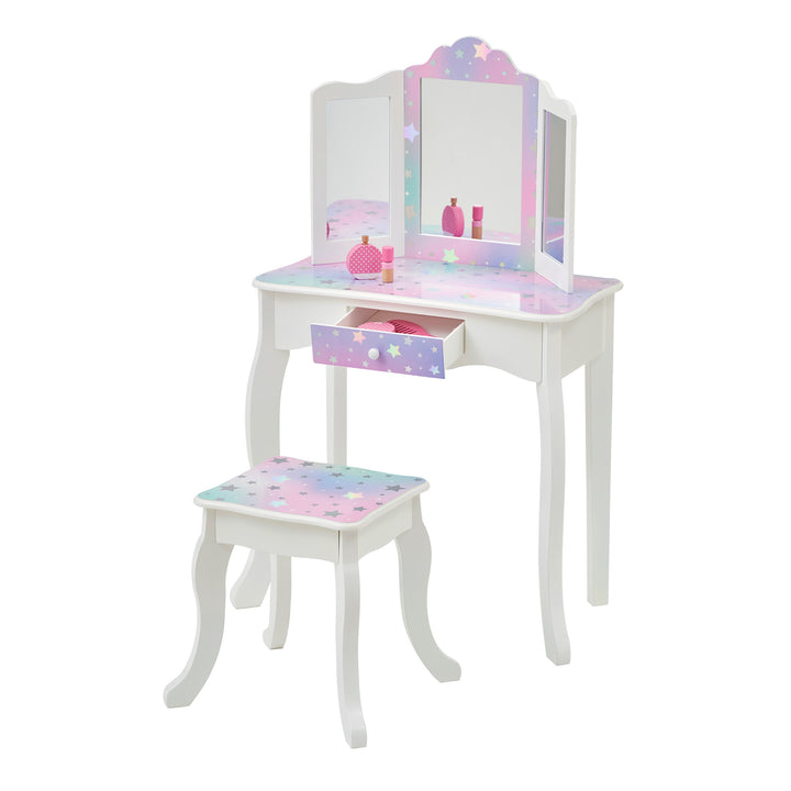 A white and pink Fantasy Fields - Gisele Starry Sky Print vanity set with a mirror and stool.
