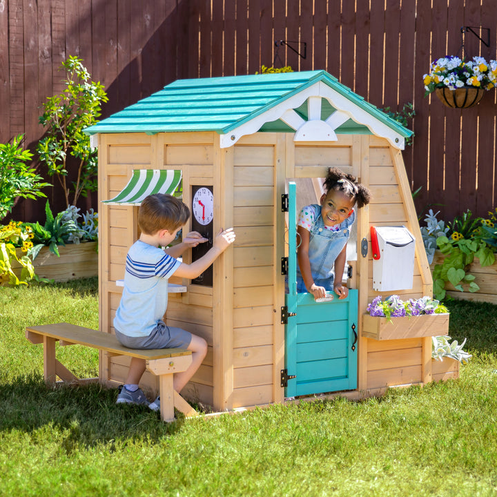 Teamson Kids Gardenia Wooden Playhouse with Garden Window, Tan & Green