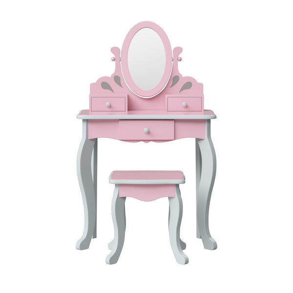 A pink and gray vanity set with an oval mirror and three drawers