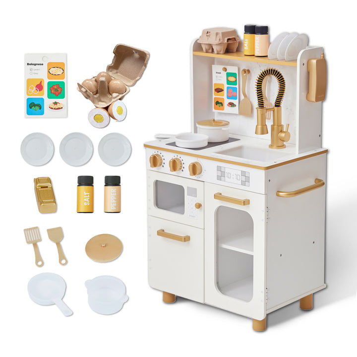 Children's Teamson Kids - Little Chef Memphis Small Play Kitchen, White/Gold set with accessories and food items.