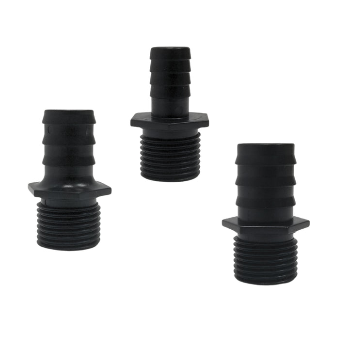 Three black, cylindrical nozzles with threaded ends and grooved barbs are arranged against a plain white background.