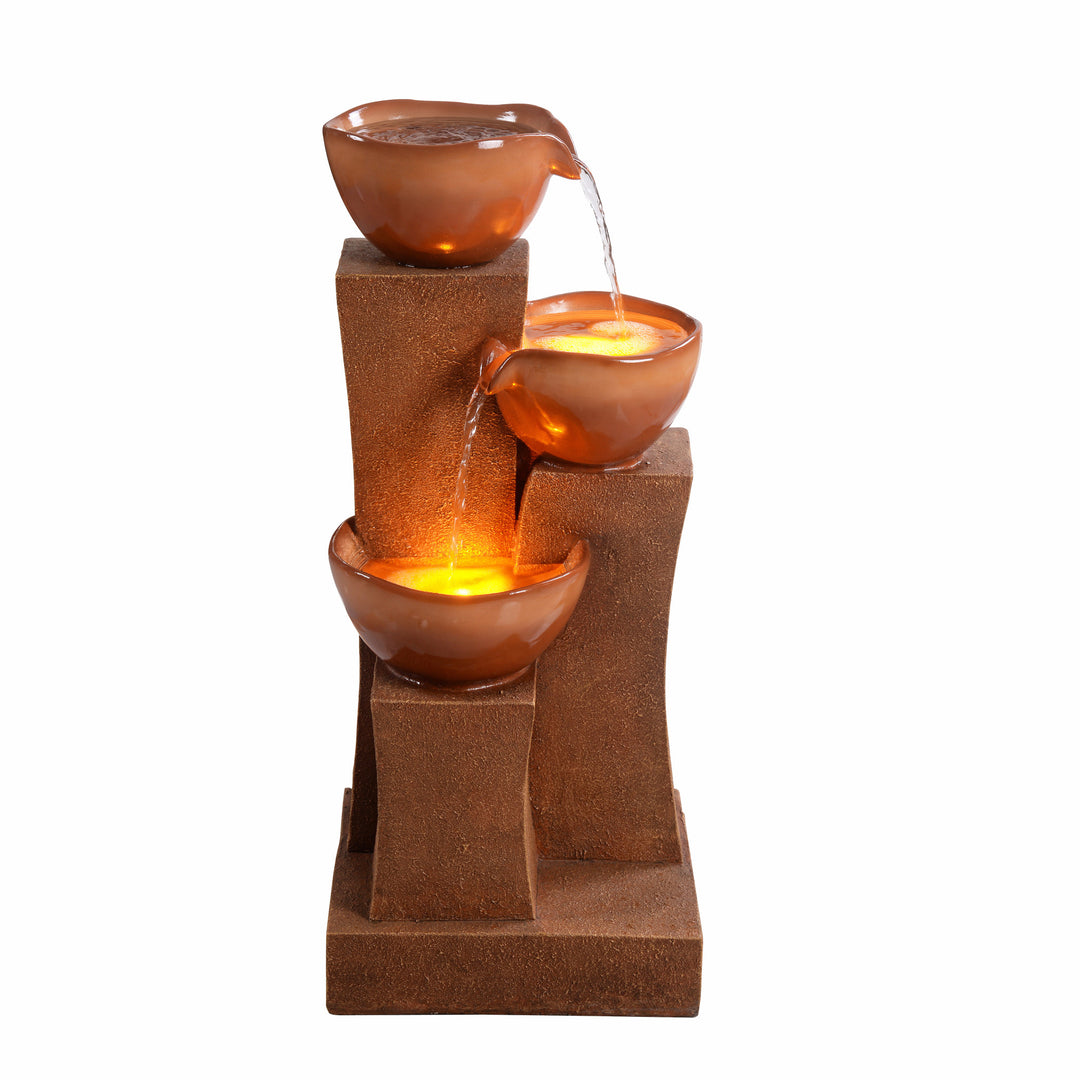 28.54" 3-Tier Outdoor Water Fountain with LED Lights, Brown with cascading bowls and gentle illumination.