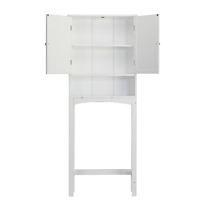 The White Teamson Home Louis Over-the-Toilet Cabinet with Louvered Doors and an Open Shelf with the cabinet doors open revealing the adjustable shelf inside