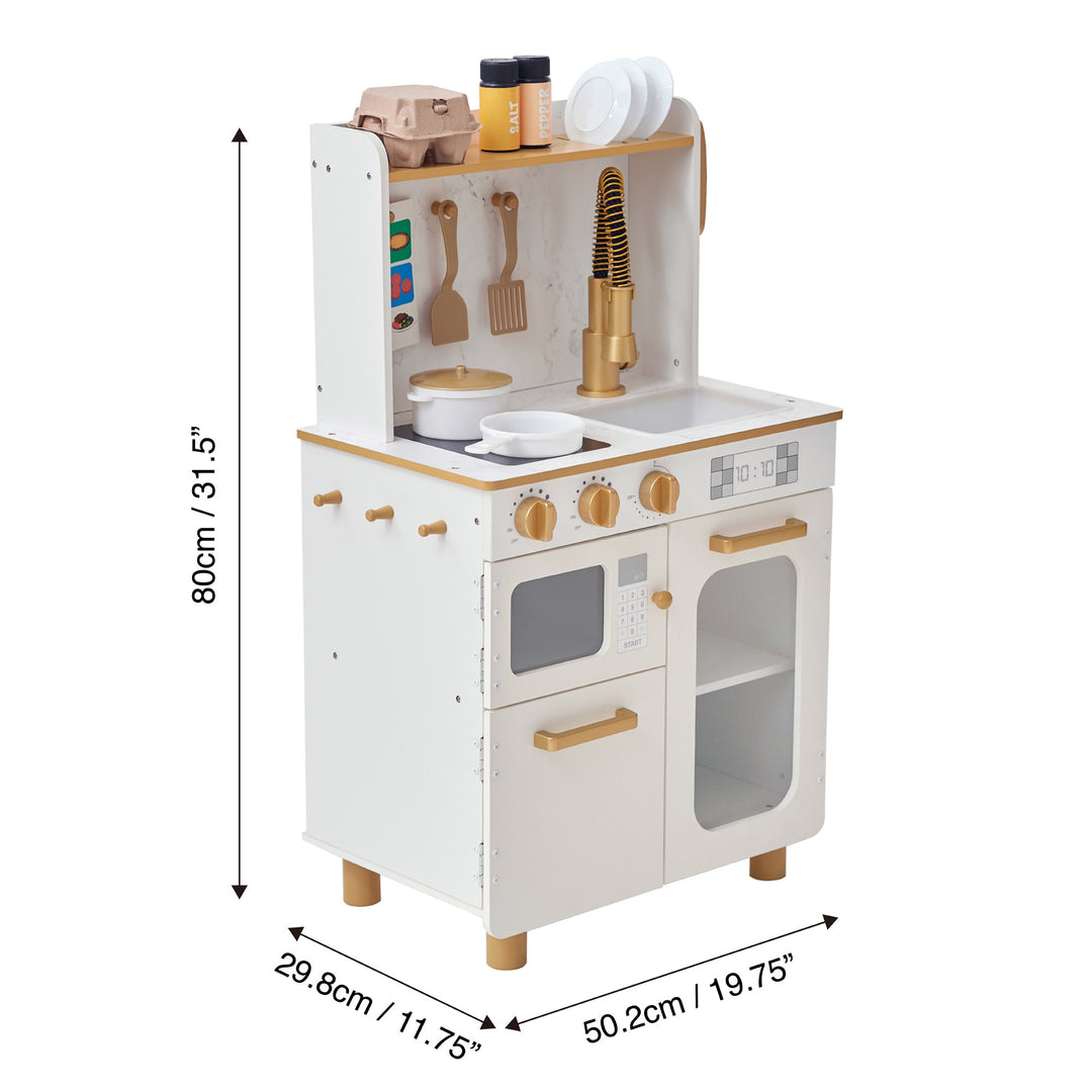 Children's Teamson Kids - Little Chef Memphis Small Play Kitchen, White/Gold with dimensions labeled.