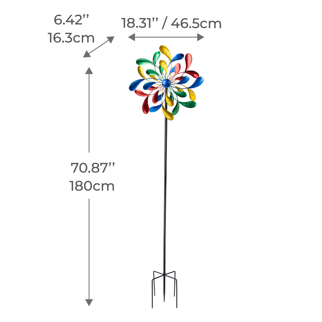 A colorful 18" dia. x 70" H Metallic Kinetic Windmill Spinner, Multi with dimensions labeled in inches and centimeters.