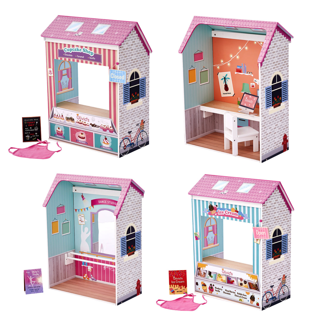 A 4-in-1 18" doll playset with all four facades: cupcake shop, ice cream shoppe, a dance studio, and a homework nook with accessories.