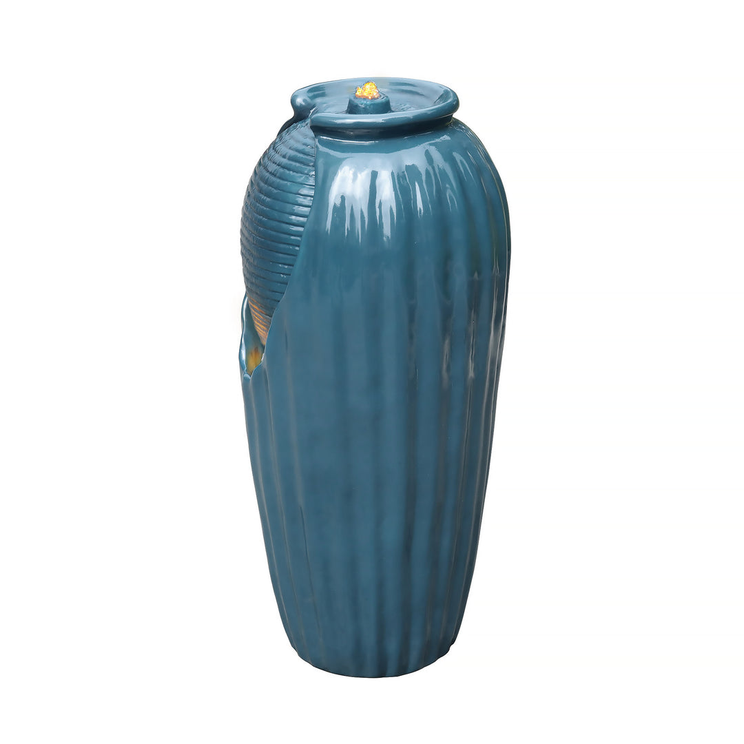 A side view of the Blue Teamson Home Indoor/Outdoor Contemporary Glazed Contoured Vase Water Fountain with LED Lights, featuring a textured design.