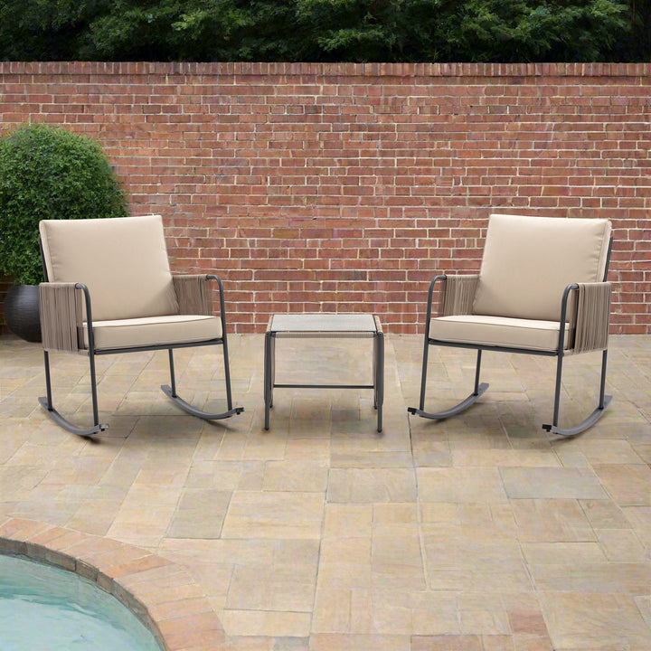 Steel Frame Rocking Chair Conversation Set with Rope Accent Outdoor Furniture