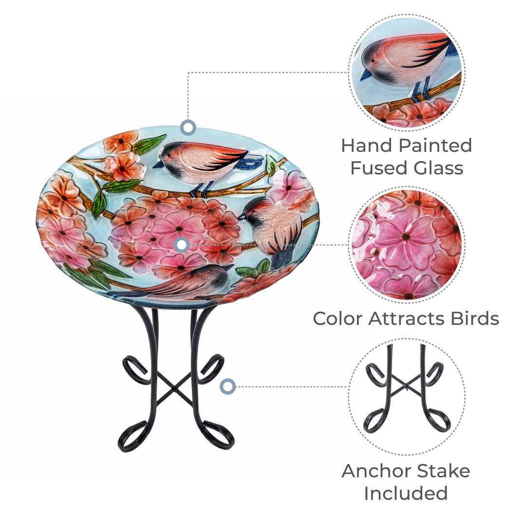 Callouts include hand-painted fused glass, color that attracts birds, and an anchor stake for the stand.