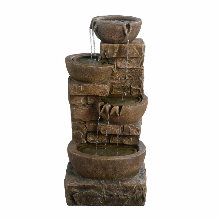 33.27" Cascading Bowls & Stacked Stones LED Outdoor Fountain, Brown isolated on white background without the lights on