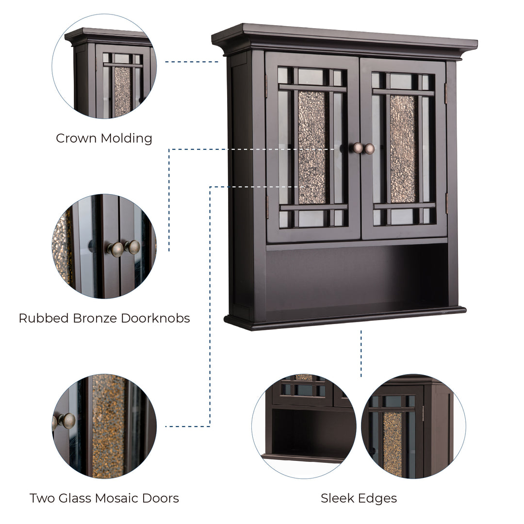 Infographic callouts for crown molding, bronze doorknobs, glass mosaic doors and sleek edges