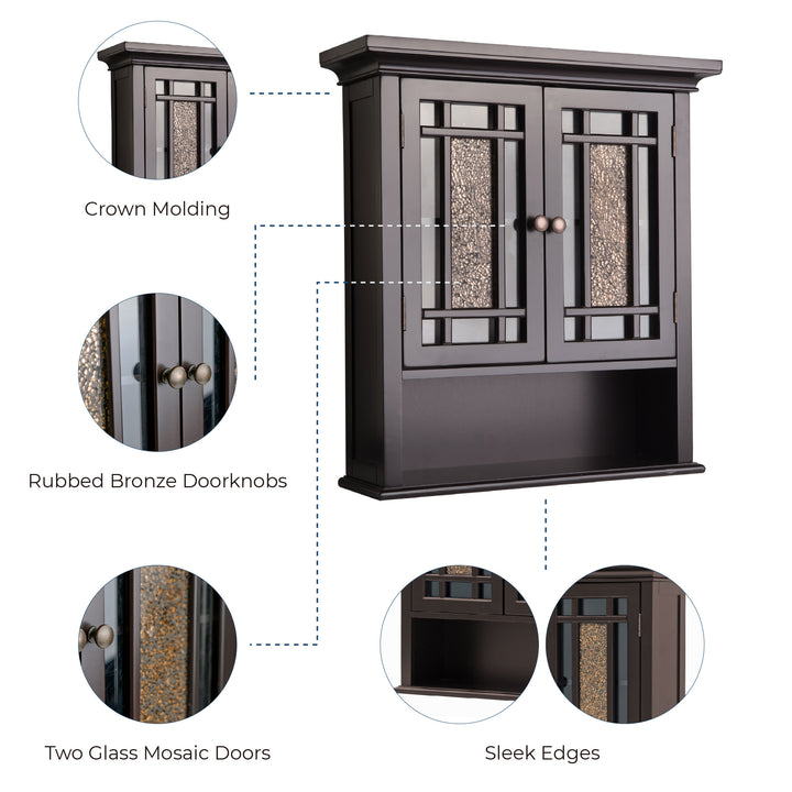 Infographic callouts for crown molding, bronze doorknobs, glass mosaic doors and sleek edges