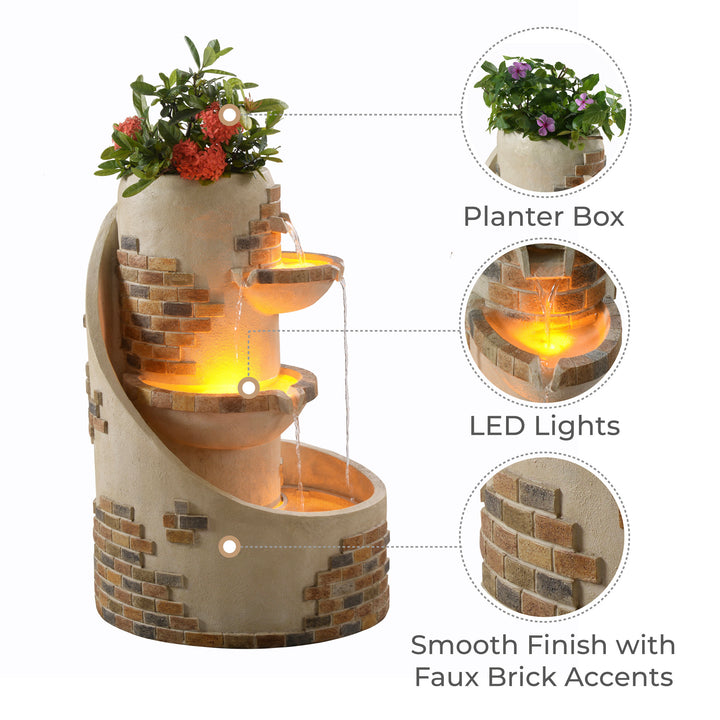 An illuminated 29.92" Outdoor Water Fountain with Planter & LED Lights, Ivory with built-in planters, led lights, and decorative faux brick accents.