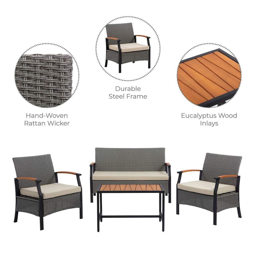 Wooden Armrests Outdoor Patio Furniture Conversation Set with Rattan Wicker Look