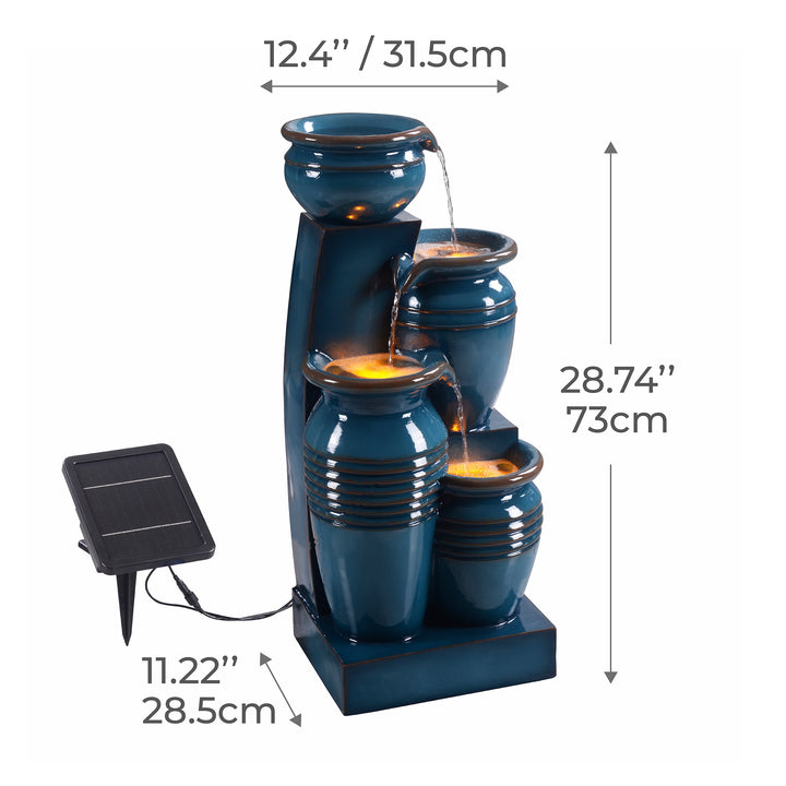 An Teamson Home 28.74" 4-Tier Outdoor Solar Water Fountain with LED Lights, Blue with dimensions labeled in inches and centimeters