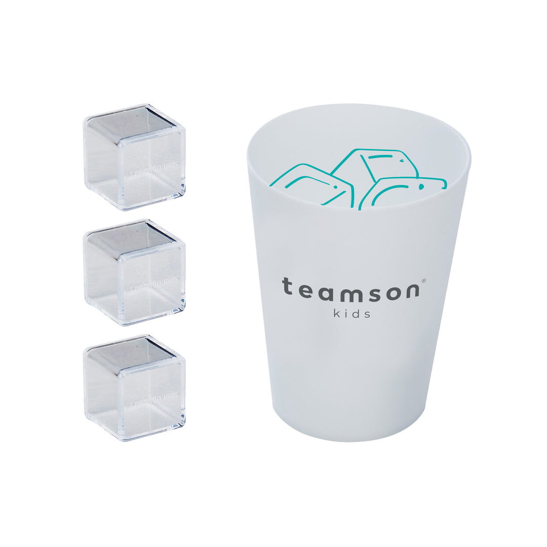 A branded cup with the text "Teamson Kids" alongside three transparent ice cubes from the Teamson Kids Little Chef Charlotte Modern Play Kitchen, Silver Gray/Gold.