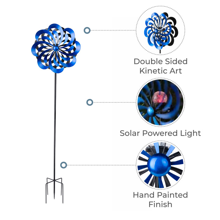 Diagram showcasing features of a 18" dia. x 70" H Solar Metallic Kinetic Windmill Spinner, Blue: double-sided kinetic art, solar-powered light, and hand-painted finish.