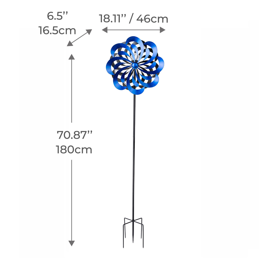 Diagram showing the dimensions of an 18" dia. x 70" H Solar Metallic Kinetic Windmill Spinner, Blue garden stake.