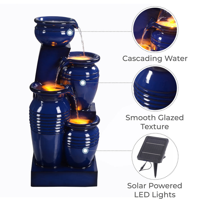 Indoor Teamson Home 28.74" 4-Tier Outdoor Solar Water Fountain with LED Lights, Navy featuring cascading water and a smooth glazed texture.