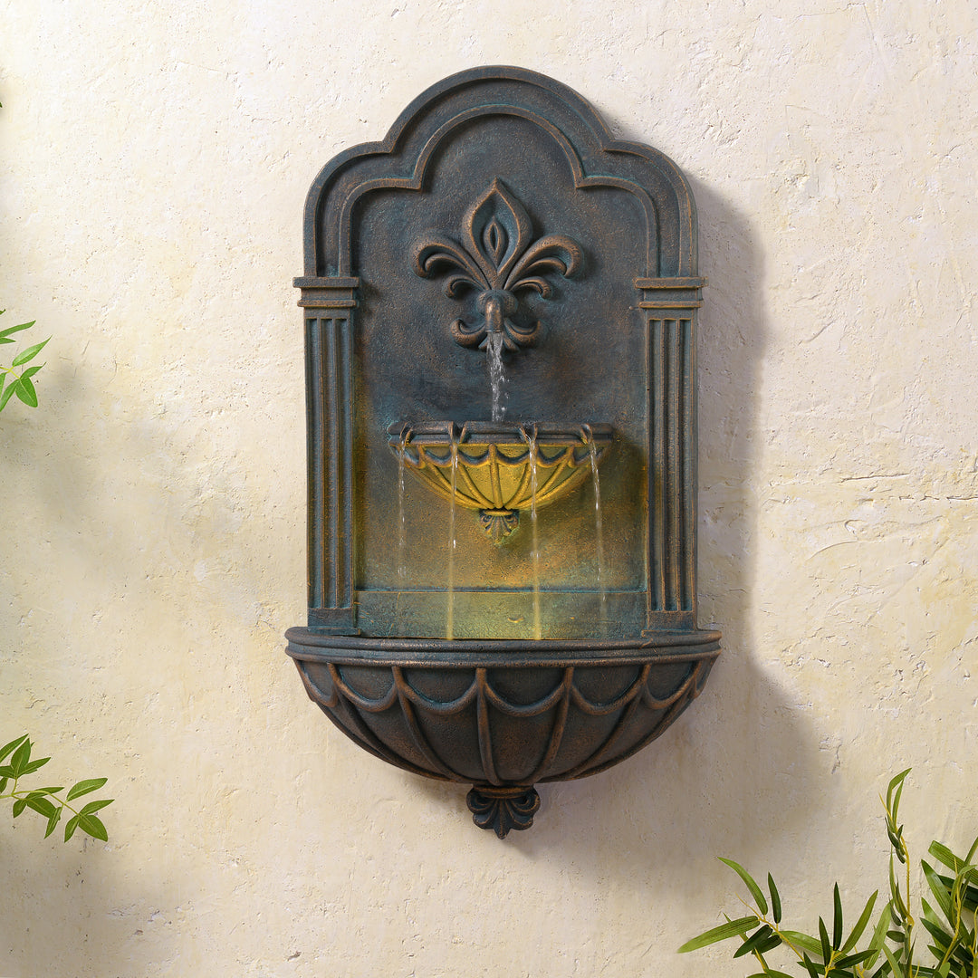 Fleur-de-lis Outdoor Water Fountain with Warm Glow Lighting