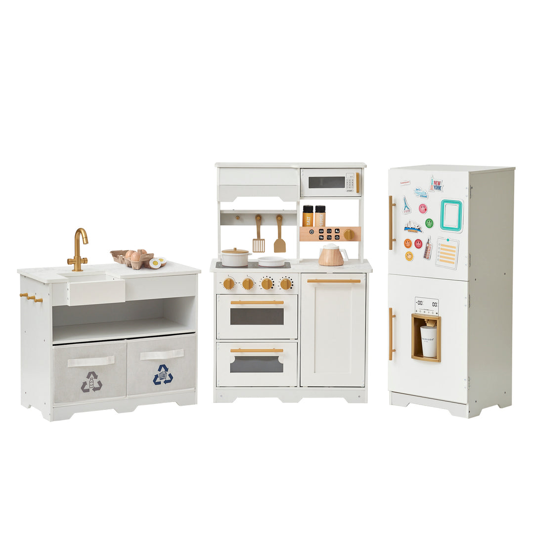 A set of TEAMSON KIDS - LITTLE CHEF ATLANTA LARGE MODULAR PLAY KITCHEN, WHITE/GOLD furniture, including a sink, stove, and refrigerator, isolated on a white background.