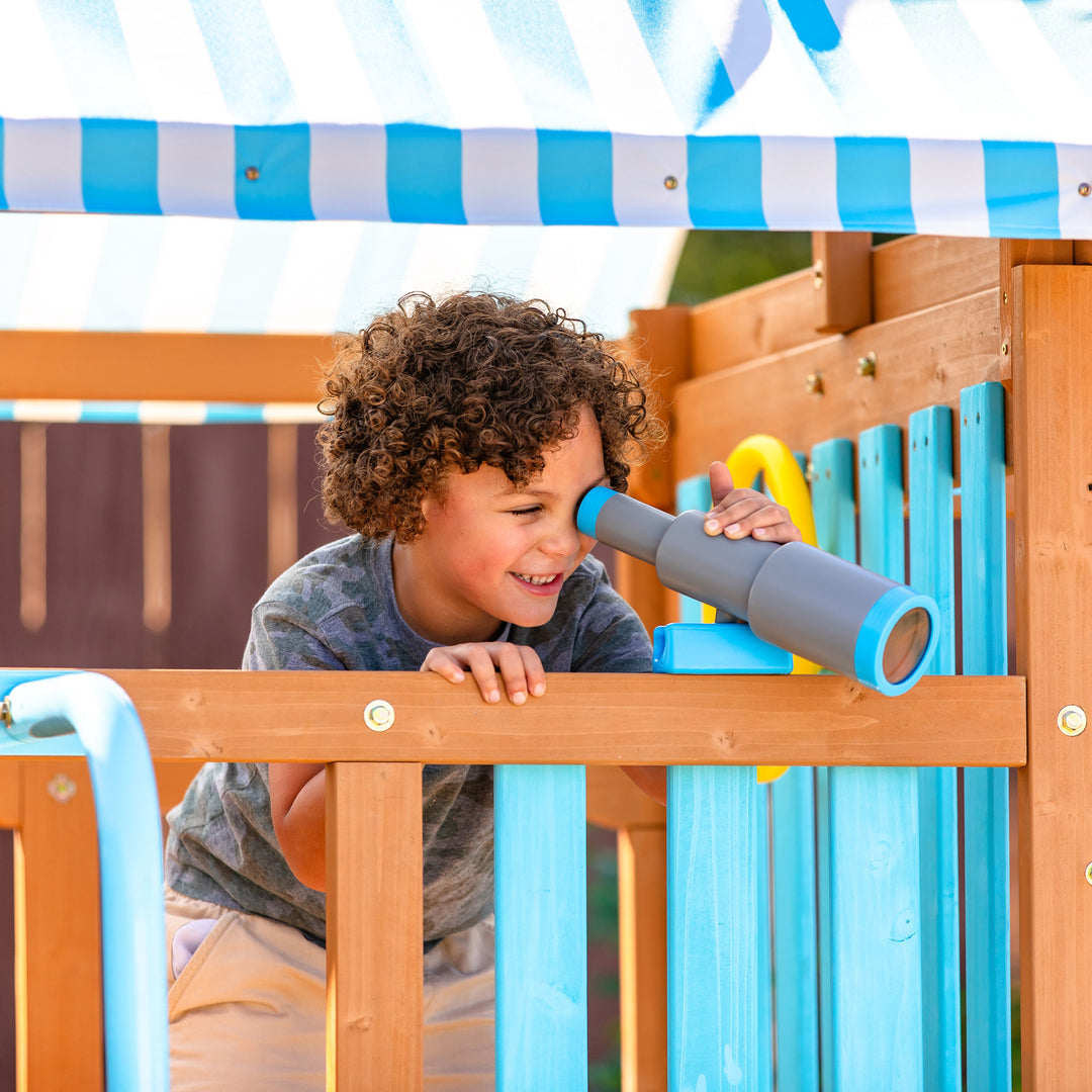 Teamson Kids Laguna Swing Playset with Platform & Rock Wall, Aqua & Natural