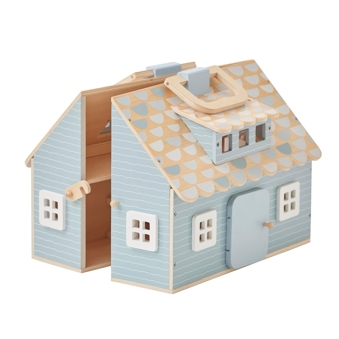 A blue and oak-finished cottage dollhouse almost closed, with a view of the left side where the hook to keep it closed is located.