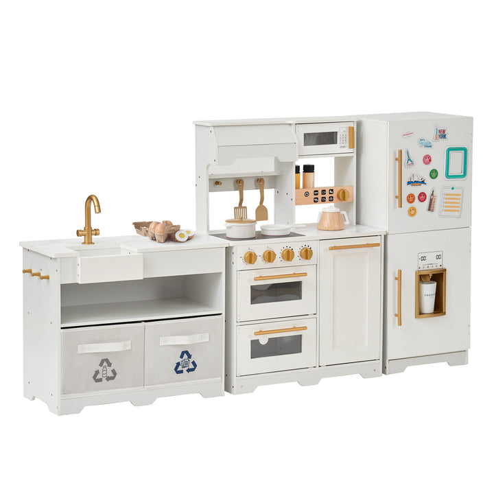 A TEAMSON KIDS - LITTLE CHEF ATLANTA LARGE MODULAR PLAY KITCHEN, WHITE/GOLD with a modern design, featuring a pretend stove, oven, microwave, refrigerator, and coffee maker, with accessories.