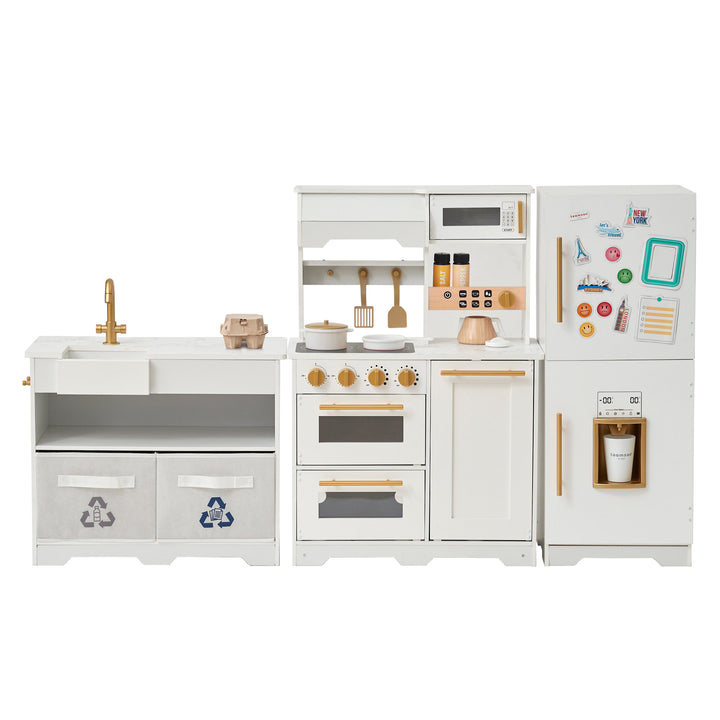 A TEAMSON KIDS - LITTLE CHEF ATLANTA LARGE MODULAR PLAY KITCHEN, WHITE/GOLD with modern appliances and accessories.