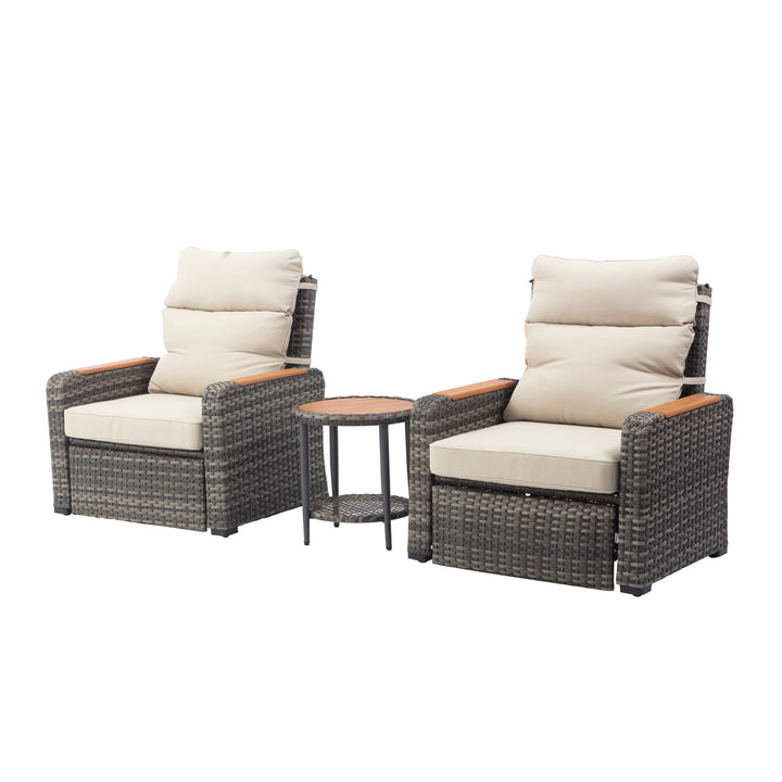 Wicker Frame & Wood Armrests Recliner Set in Gray Outdoor Seating