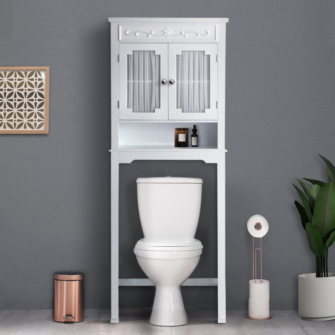 A white over the toilet cabinet with a white toilet underneath