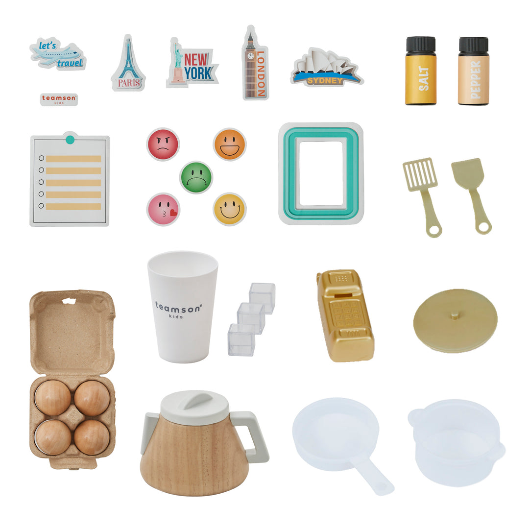 Various travel-themed toys and TEAMSON KIDS - LITTLE CHEF ATLANTA LARGE MODULAR PLAY KITCHEN, WHITE/GOLD play items arranged on a white background.