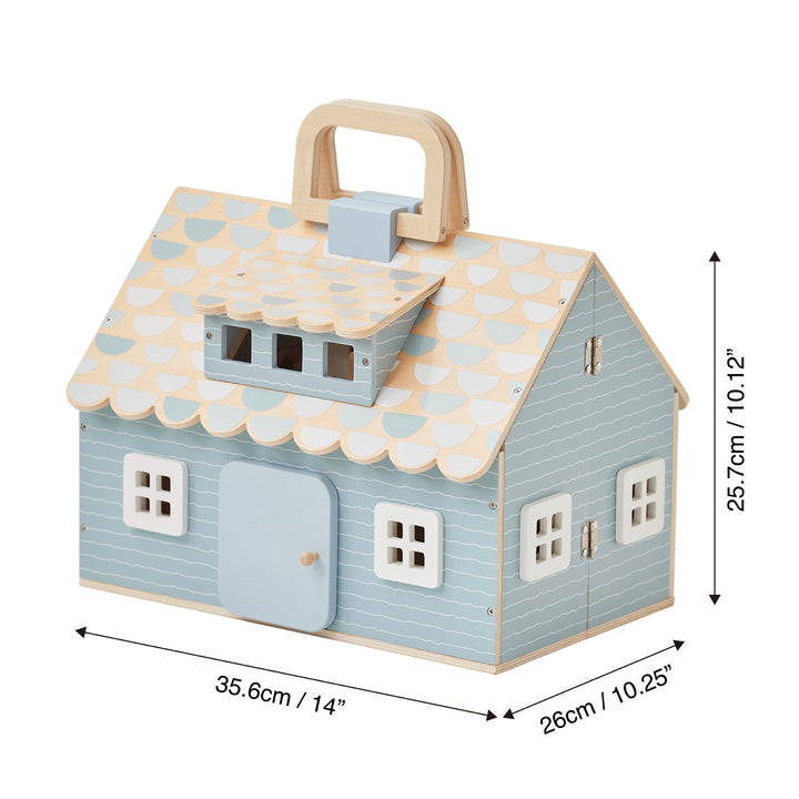 Dimensions in inches and centimeters of the blue cottage dollhouse with detailed shingles, windows and a door.