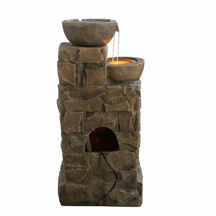33.27" Cascading Bowls & Stacked Stones LED Outdoor Fountain with a view of the back where the pump is inserted