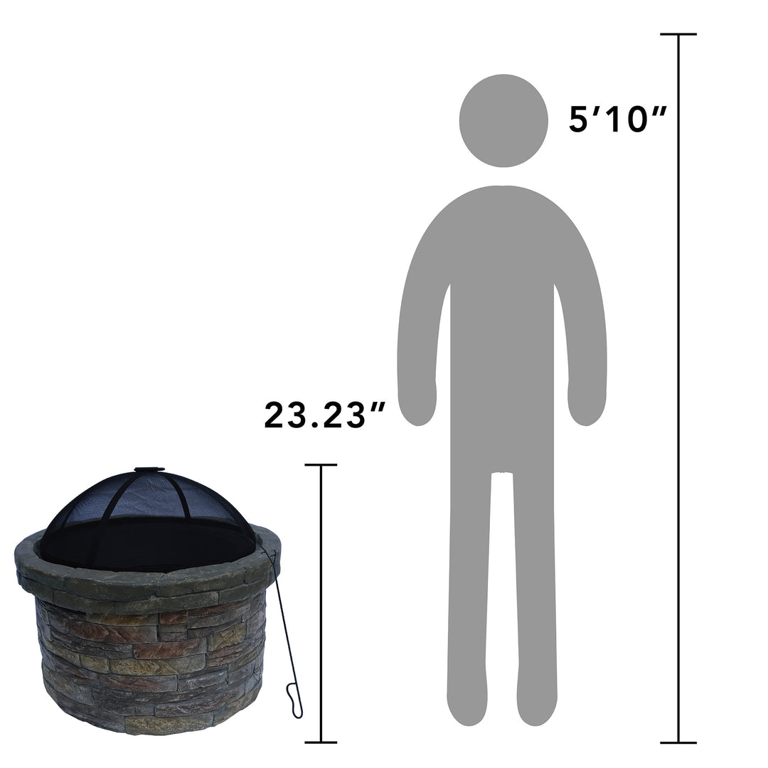 An illustrative comparison of average human height against a Teamson Home 27" Outdoor Round Stone Wood Burning Fire Pit with Steel Base, Natural Stone with measurements.