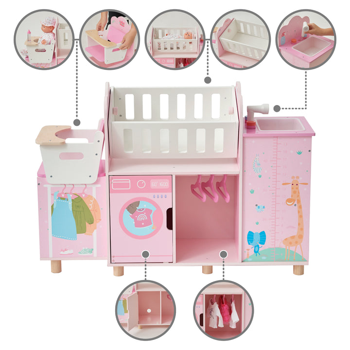 Feature callouts: the pink and white high chair, the white cradle, the sink bathtub with hand-held faucet, the closet with 3 pink hangers, and the washing machine.