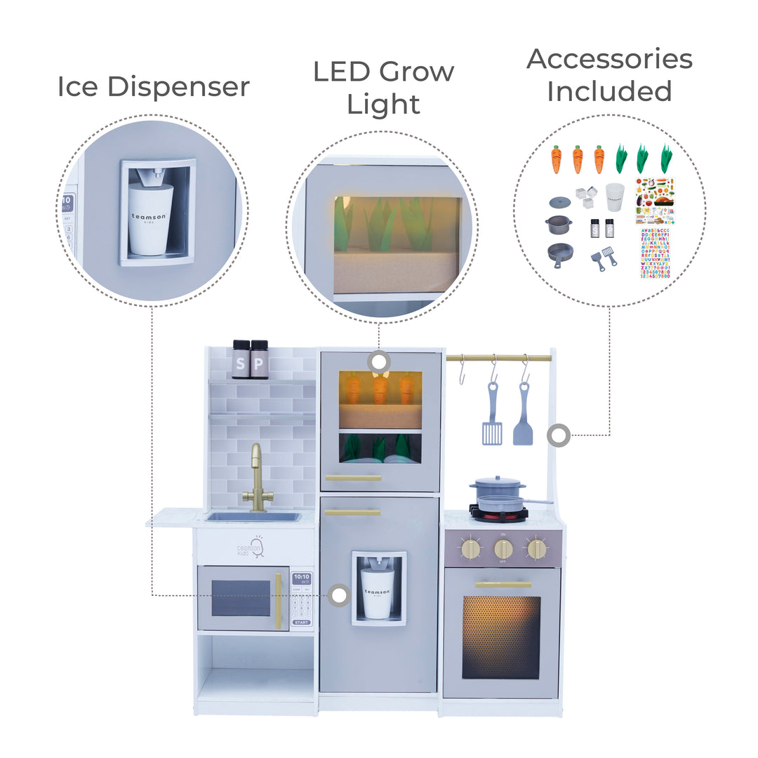 Teamson Kids Little Chef Lyon Complete Kitchen Set with Hydroponic Garden, Refrigerator and Accessories, Gray -FINAL SALE