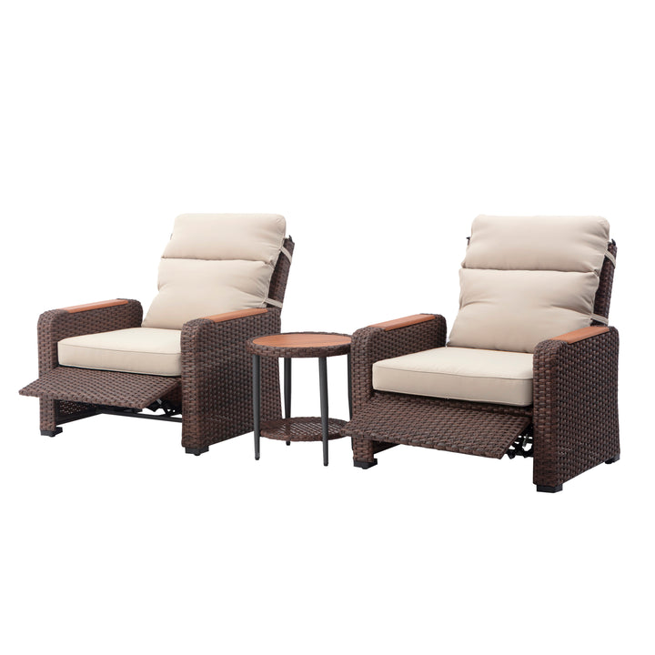 Wicker Frame & Wood Armrests Recliner Set in Warm Brown Outdoor Seating