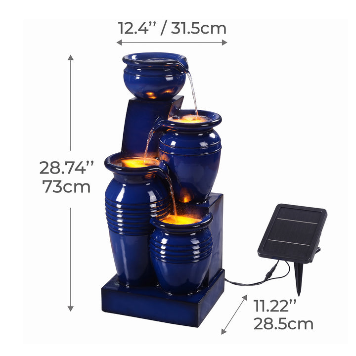 Teamson Home 28.74" Navy Blue 4-Tier Outdoor Solar Water Fountain with LED Lights with dimensions listed in inches and centimeters