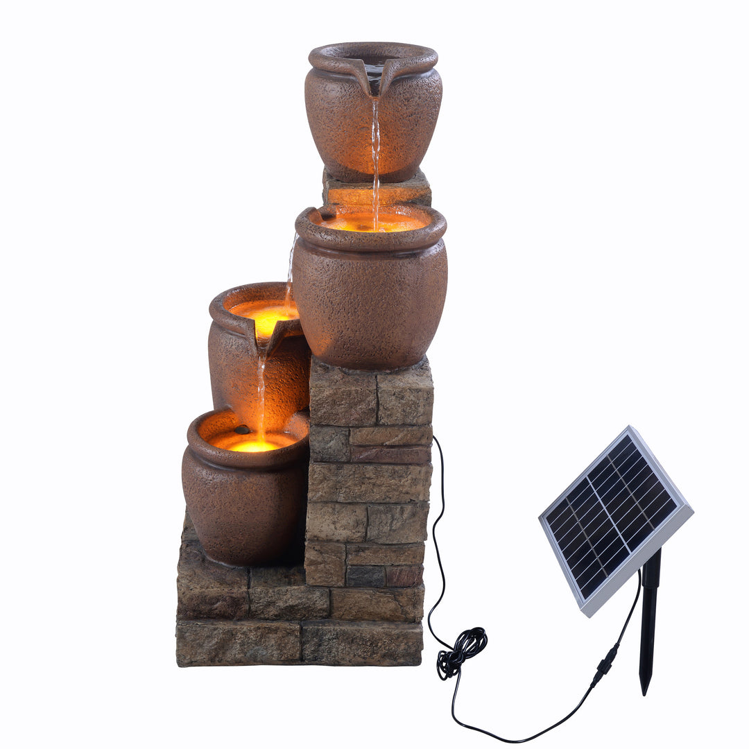 A view from the side of the Teamson Home 30.71" 4-Tier Outdoor Solar Water Fountain with LED Lights, Terracotta